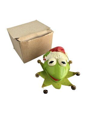 VTG Kermit Frog Head w/ Bells Paper Mache Tree Ornament 1981 Jim Henson w/ Box